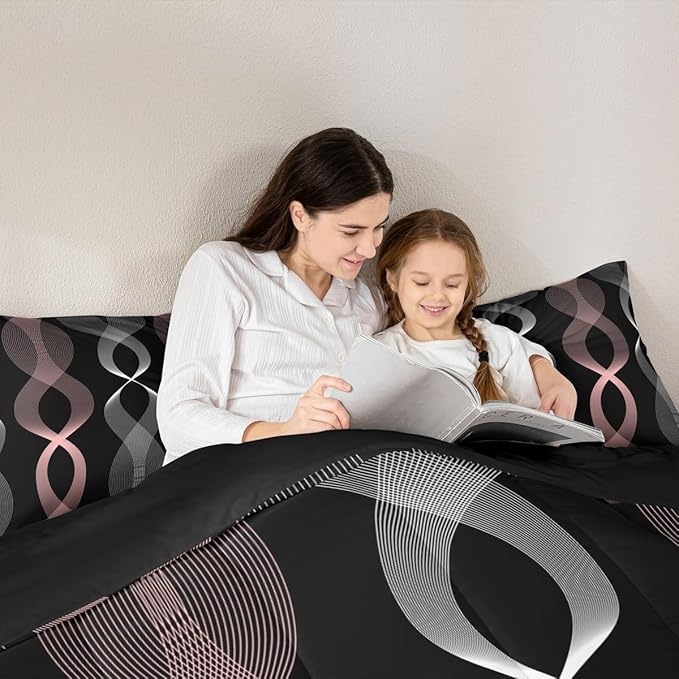Erosebridal Pink and Black Full Comforter Set for Girls, Boho Pink Striped Abstract Bedding Set, Contemporary Aesthetic Ombre Line Comforter for Women Teens Bedroom, Modern Geometric Stripes Quilt