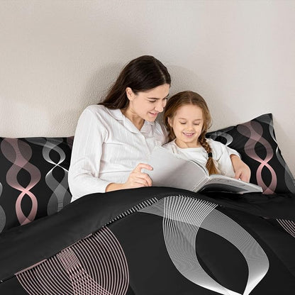 Erosebridal Pink and Black Full Comforter Set for Girls, Boho Pink Striped Abstract Bedding Set, Contemporary Aesthetic Ombre Line Comforter for Women Teens Bedroom, Modern Geometric Stripes Quilt