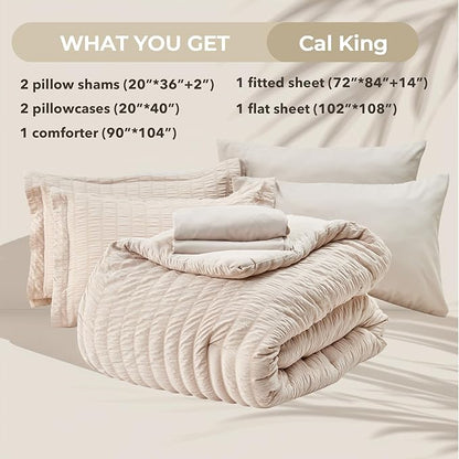HYMOKEGE Beige California King Comforter Set Seersucker 7 Pieces, All Season Luxury Bed in a Bag for Bedroom, Bedding Set with Comforters, Sheets, Pillowcases & Shams