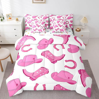 Feelyou Pink Western Cowgirl Comforter Set with Sheets King Size Kids West Cowboy 7 Pieces Bedding Set for Boys Girls Teens Rodeo Horseshoe Hat Bed in a Bag Grunge Design Bed Set
