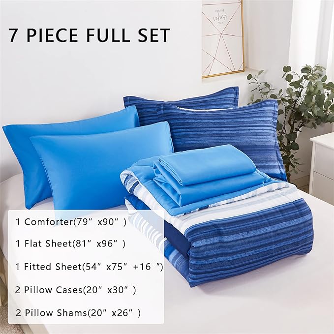 KAKIJUMN 7 Piece Bed in a Bag Stripe Comforter Set Full Size, White and Blue Patchwork Striped Comforter and Sheet Set, All Season Soft Microfiber Complete Bedding Sets(Blue,Full)