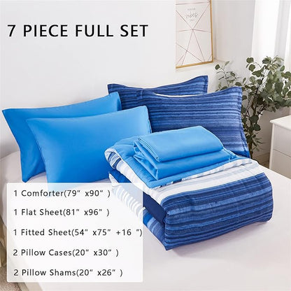 KAKIJUMN 7 Piece Bed in a Bag Stripe Comforter Set Full Size, White and Blue Patchwork Striped Comforter and Sheet Set, All Season Soft Microfiber Complete Bedding Sets(Blue,Full)