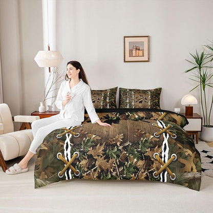 Camouflage Bed in a Bag King Size Comforter Set 7 Pieces | Bass Fish Duck Bear Deer Fishing Bedding Sets Country Hunting Comforter and Sheet Set, Woodland Animals Farmhouse Bed Sets,Rustic Cabin Decor