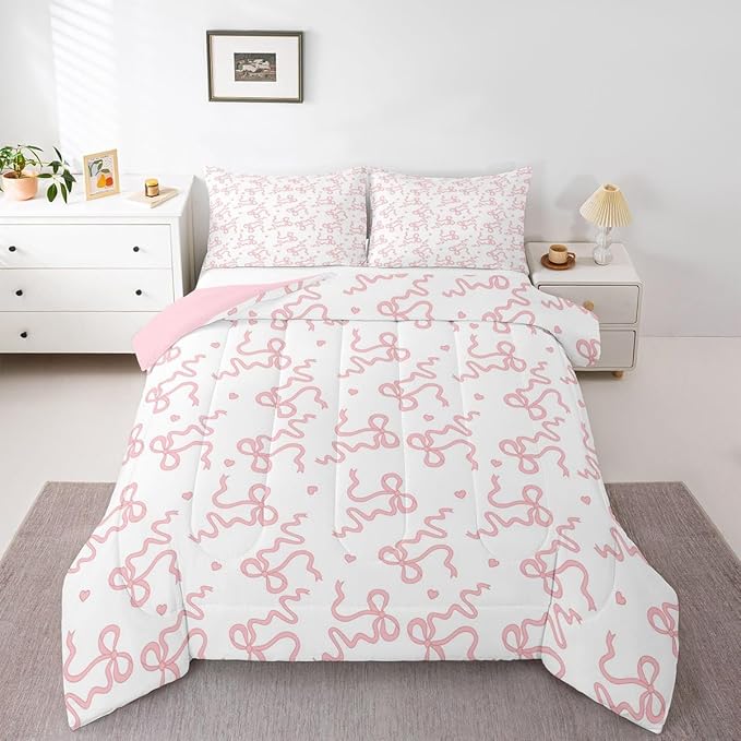Pink Bow Print Comforter Set King Size,Girl Sweet Princess Style Bedding Sets 3Pcs for Kids Girls Women Room Decor,Cute Love Pattern Quilted Duvet Girly Bowknot Down Comforter,2 Pillowcases