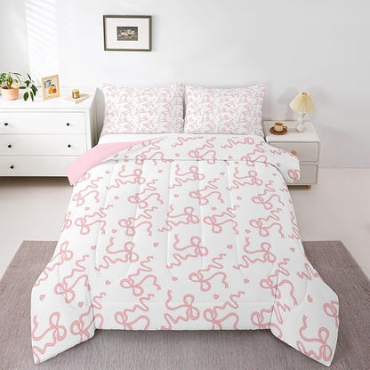 Pink Bow Print Comforter Set Queen Size,Girl Sweet Princess Style Bedding Sets 3Pcs for Kids Girls Women Room Decor,Cute Love Pattern Quilted Duvet Girly Bowknot Down Comforter,2 Pillowcases