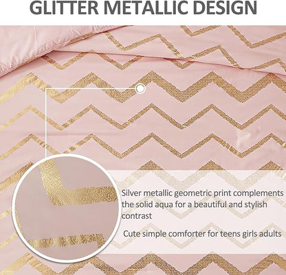 Menghomeus Pink Comforter Set Twin/Twin XL Size Metallic Blush and Rose Gold Bed Comforter 3 Piece Soft Microfiber Bedding for Teen Girls Women (1 Pillow Sham + 1 Decorative Pillow Sham)