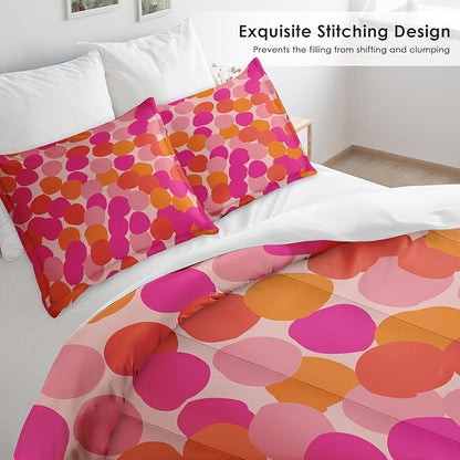Comforter Set Full Size, Pink Orange Colorful Soft 3 Pcs Bedding for Kids and Adults, Fruit Retro Leaves Comforter Set with Pillowcase, for Bedroom Bed Decor