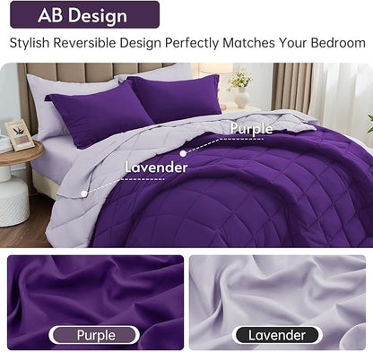 MUXHOMO 7 Pieces Oversized Queen Comforter Set, Reversible Bed in a Bag Oversized Queen Size, All Season Bedding Set with Comforter, Flat Sheet, Fitted Sheet, Pillowcases & Shams, Purple & Lavender