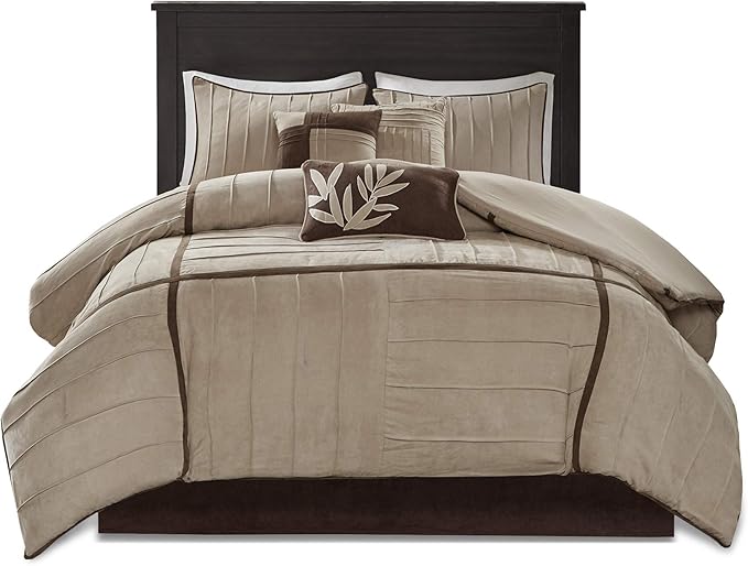 Madison Park Cozy Comforter Set Casual Blocks Design All Season, Matching Bed Skirt, Decorative Pillows, Full(82"x90"), Dune Suede, Beige Brown, 7 Piece