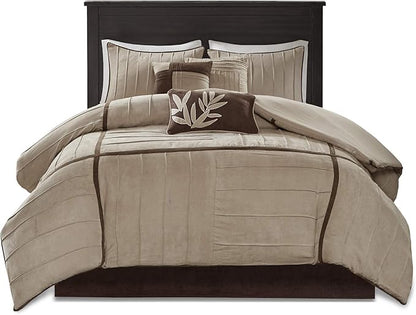 Madison Park Cozy Comforter Set Casual Blocks Design All Season, Matching Bed Skirt, Decorative Pillows, Full(82"x90"), Dune Suede, Beige Brown, 7 Piece