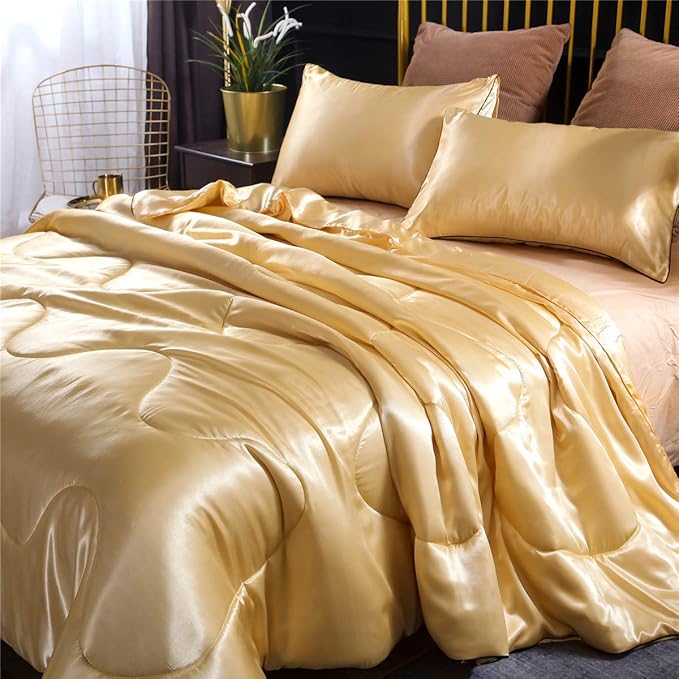 NTBED Sexy Silky Satin Comforter Sets Queen Golden Lightweight Soft Luxury Quilt 3-Pieces Microfiber Bedding Set Yellow (Gold, Queen)