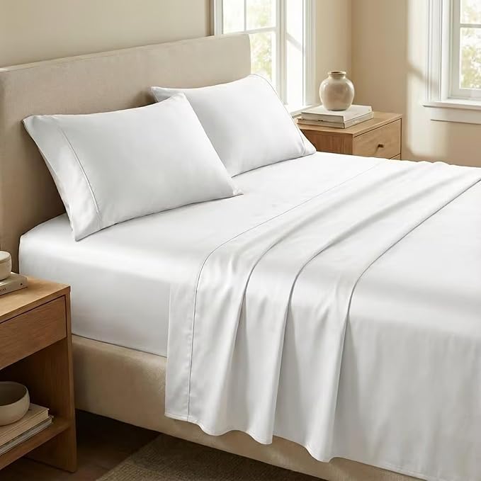 Beckham Hotel Collection Full Sheet Set 100% Cotton, 500TC Luxury Sateen Bedding, 16” Deep Pocket, Moisture-Wicking, 4-Piece, White