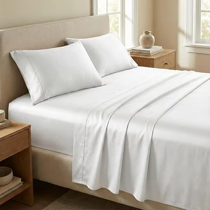 Beckham Hotel Collection King Sheet Set 100% Cotton, 500TC Luxury Sateen Bedding, 16” Deep Pocket, Moisture-Wicking, 4-Piece, White