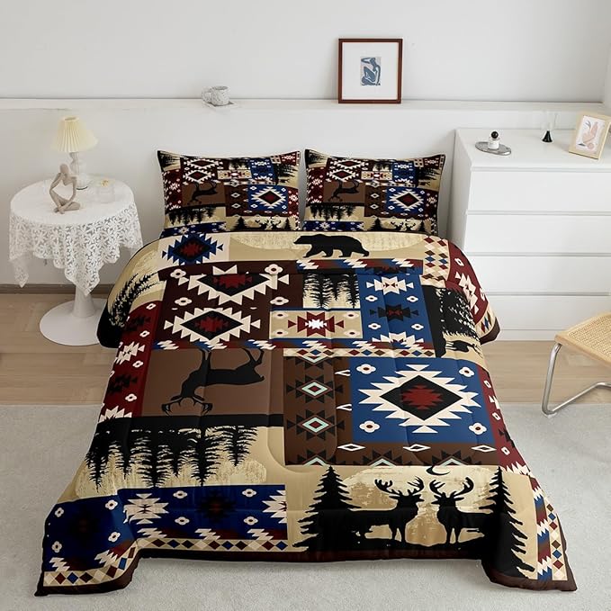 Feelyou Cute Deer Bear Comforter Set for Girls Boys Kids King Size Southwestern Comforter Room Decorative Wild Animal Rustic Cabin Country Geometric Bedding Set Brown Plaid Duvet Set 3Pcs Quilt Set