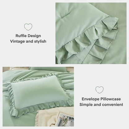 Andency Sage Green Twin Comforter Set, 2 Pieces Kids Ruffle Comforter Set Twin(66x90Inch), Farmhouse Shabby Chic Comforter Set, Soft Microfiber Kids Bedding Set