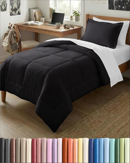 Twin XL Comforter Set - 2 Piece Bed Set for All Seasons - 1 Soft Quilted Comforter with Corner Tabs & 1 Pillow Sham - Comfy & Breathable - Premium Down Duvet Insert - Oeko-TEX - Twin XL Size, Black