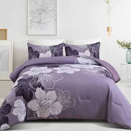 Menghomeus California King Comforter Set Dark Purple Floral Bedding Comforter Sets - Soft Microfiber Bed Set for All Season 3 Piece Botanical Flowers Comforter, Pillowcases