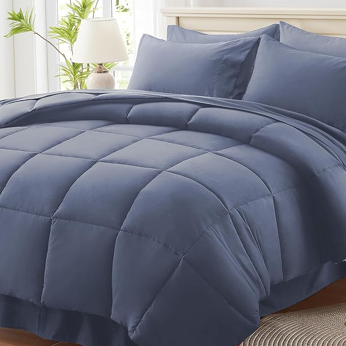 Anluoer King Comforter Set 7 Piece, Grayish Blue Bed in a Bag with Sheets, Comforters King Size Bedding Sets with 1 Comforter, 2 Pillow Shams, 2 Pillowcases, 1 Flat Sheet,1 Fitted Sheet
