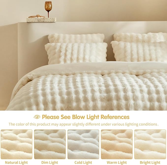Tokokimo Faux Fur Comforter Set King Size, Ultra Soft Reversible Heavyweight Fluffy Bedding, Extra Warm Winter Comforter with 2 Pillow Cases, All Season Fuzzy Comforter Set, Beige
