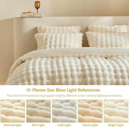 Tokokimo Faux Fur Comforter Set King Size, Ultra Soft Reversible Heavyweight Fluffy Bedding, Extra Warm Winter Comforter with 2 Pillow Cases, All Season Fuzzy Comforter Set, Beige