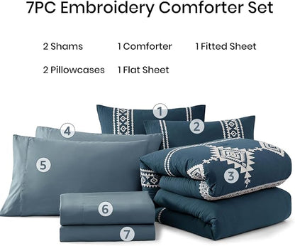 MaiRêve Embroidery Queen Size Comforter Set Navy Blue, Boho Farmhouse Western Bedding Set 7 Pieces, All Season Bed in A Bag Comforter Set with Sheets, Pillowcases & Shams