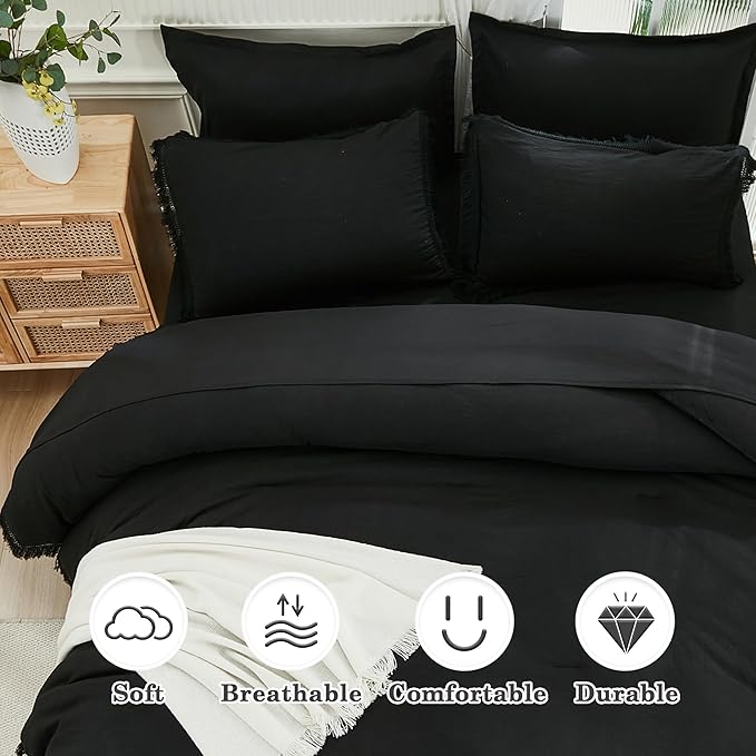 Andency Black Full Size Comforter Set with Sheets - 7 Pieces Boho Tassel Bed in a Bag Soft Lightweight Bedding Sets, Black Fringe Bed Set with Comforter, Sheets, Pillowcases & Shams