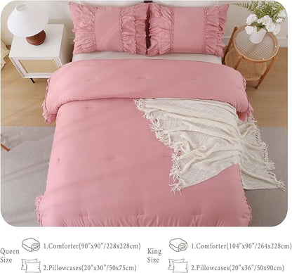 Herside Bean Pink Ruffle Comforter Set King Size,Shabby Chic Boho Bedding Sets, Soft Fluffy Comforters Sets for All Season,Vintage Ruffled 3 Pcs Microfiber Lightweight Quilt Set for Women Girls
