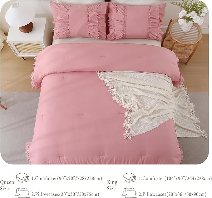 Herside Bean Pink Ruffled Comforter Set Queen Size,3-Piece Soft Microfiber Shabby Chic Bedding Set with Double Layer Ruffle Edge, Boho Farmhouse French Style Comforter with Pillowcases | Ruffle