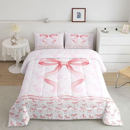 Feelyou Pink Bow Comforter Set All Season Floral Flower Bedding Set with 1 Pillow Cases Cute Bowknot Microfiber Kids Twin Bedclothes Romantic Bedroom Decor Duvet Quilt Breathable Soft Lightweight