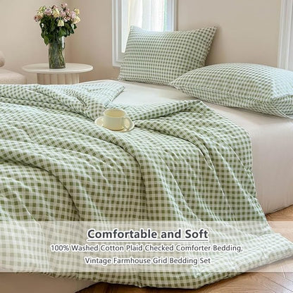 NSNLGSGC Sage Green Gingham Cotton Comforter Set Twin, 100% Washed Cotton Green Plaid Checked Comforter Bedding, 2 Pieces Vintage Farmhouse Grid Bedding Set(Sage Green Gingham, Twin)