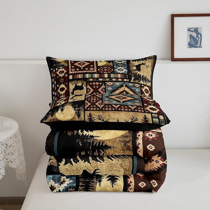 Erosebridal Rustic Bear Comforter Set Toddler,Buffalo Plaid Grid Checkered Bedding 2Pcs,Hunting Deer Farmhouse Cabin Decor Quilt,Retro Southwest Aztec Bed Set,Tribal Duvet Insert,Brown Red