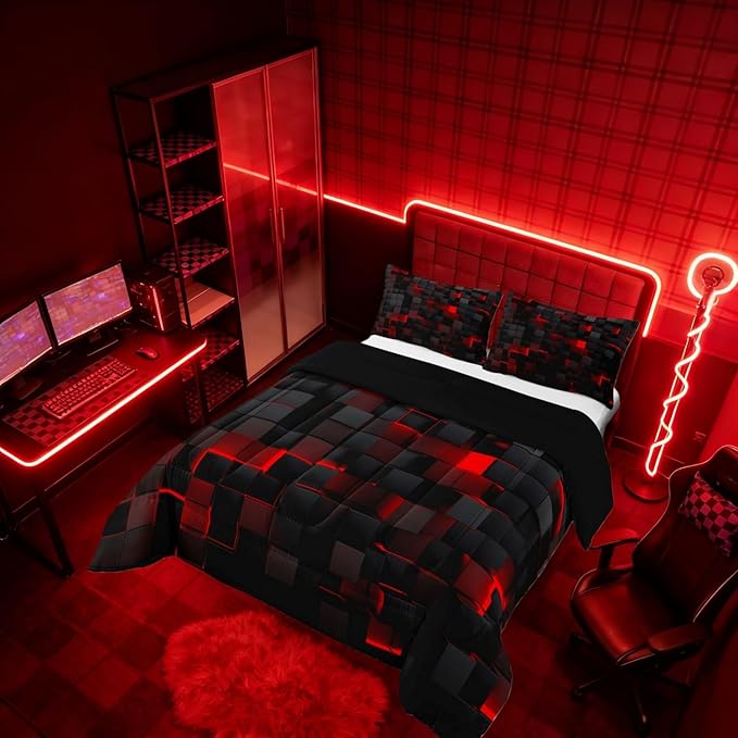 Erosebridal Black and Red Comforter Set Queen Neon Geometric Checkered Bedding Set Gamer Room Decor for Boys,Abstract Grids Quilt Comforter for Kids Teen Men Plaid Check Bed Set 3 Pcs