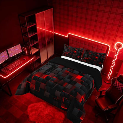 Erosebridal Black and Red Comforter Set Queen Neon Geometric Checkered Bedding Set Gamer Room Decor for Boys,Abstract Grids Quilt Comforter for Kids Teen Men Plaid Check Bed Set 3 Pcs