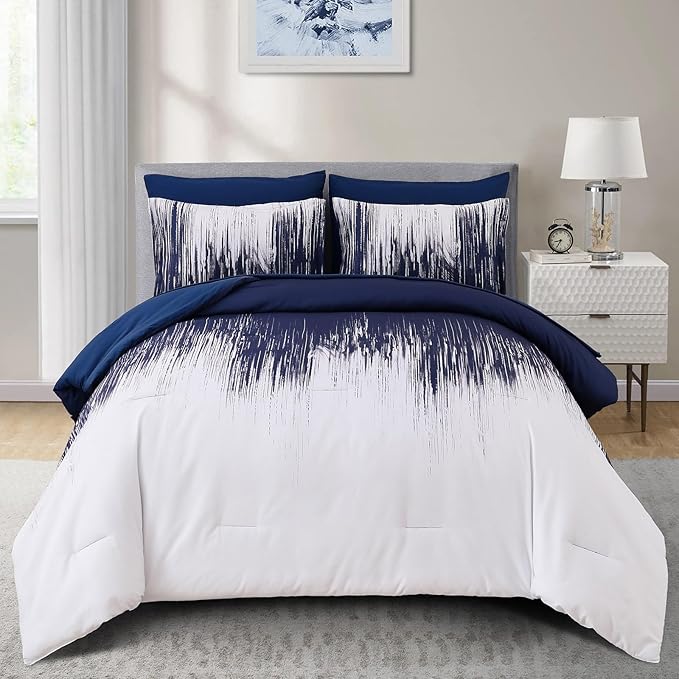 Dinjoy Ombre Blue Comforter Set Twin Size Gradient Navy Blue White Boho Bedding Set for Teen Men Women 6 Pieces Bed in A Bag Bohemian Bed Set with Comforter, Sheets, Pillowcases & Shams