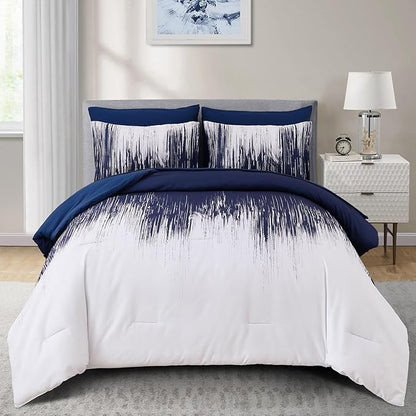 Dinjoy Ombre Blue Comforter Set Queen Size Gradient Navy Blue White Boho Bedding Set for Teen Men Women 7 Pieces Bed in A Bag Bohemian Bed Set with Comforter, Sheets, Pillowcases & Shams