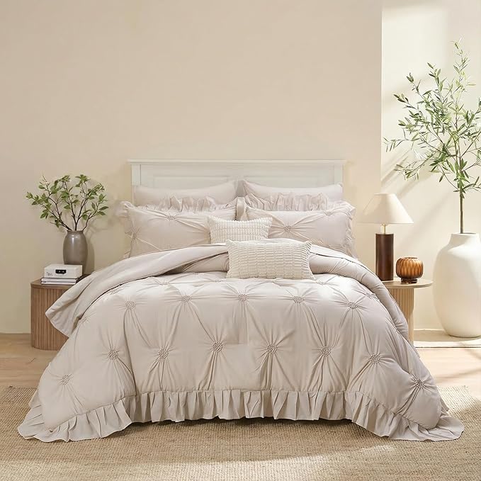 Bedbay Beige Ruffle Comforter Set King Size Ruched Bedding 9 Pcs King Bed in a Bag Pintuck Pinch Pleat Bedding Set Elegant Ruffle Farmhouse Boho Comforter Bed Set for All Seasons