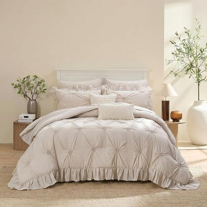 Bedbay Beige Ruffle Comforter Set King Size Ruched Bedding 9 Pcs King Bed in a Bag Pintuck Pinch Pleat Bedding Set Elegant Ruffle Farmhouse Boho Comforter Bed Set for All Seasons