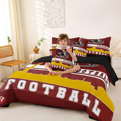 Erosebridal Football 7 Pcs Comforter Set King Football Fans Bedding for Kids Football City Sheet Set Bed in A Bag Red Yellow Rugby Competition Room Decor Sports Ball Game Quilt