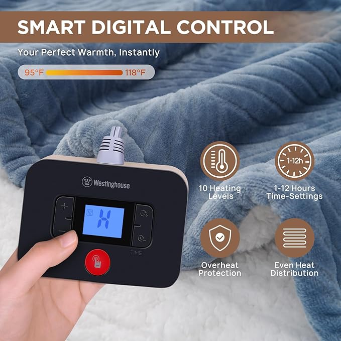 Westinghouse Electric Blanket Full, Flower Jacquard Heated Blanket Full Size with 10 Heating Levels and 1-12 Hours Auto-Off, Flannel to Sherpa Reversible, Machine Washable (72" x 84", Blue)