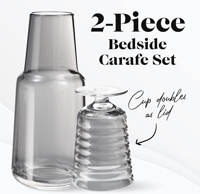 American Atelier 32 oz Bedside Water Carafe Set – 11" Glass Pitcher with Footed Tumbler Lid for Nightstand, Guest Room, Office, Bathroom, Durable, Stylish Drinkware for Everyday Use (Gray)