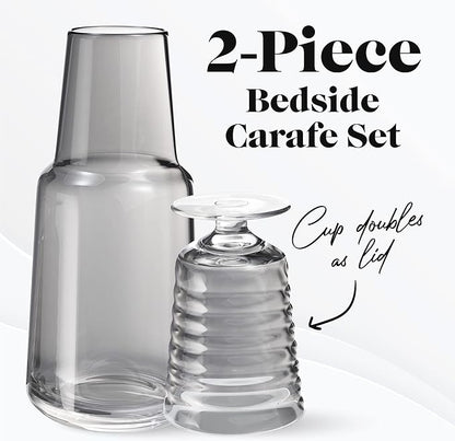 American Atelier 32 oz Bedside Water Carafe Set – 11" Glass Pitcher with Footed Tumbler Lid for Nightstand, Guest Room, Office, Bathroom, Durable, Stylish Drinkware for Everyday Use (Gray)