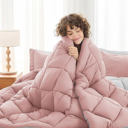 MUXHOMO 7 Pieces Oversized Queen Comforter Set, Reversible Bed in a Bag Oversized Queen Size, All Season Bedding Set with Comforter, Flat Sheet, Fitted Sheet, Pillowcases & Shams, Pink & Light Grey