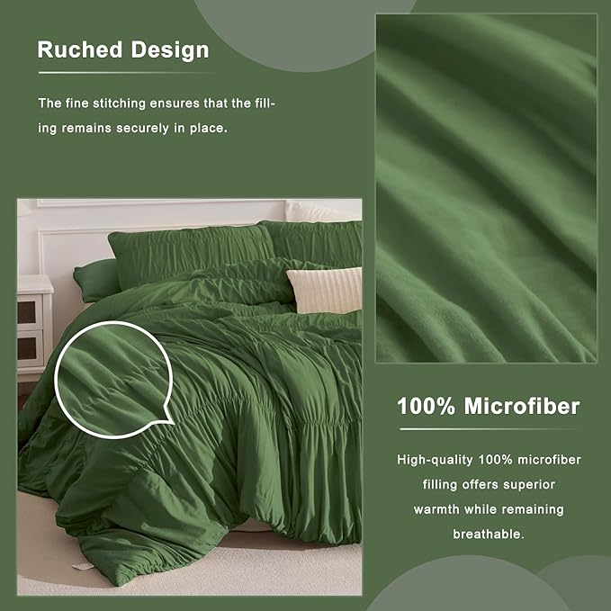 Masaca Oversized King Comforter 128"x120",Olive Green Ruched Shabby Boho Chic Bedding Comforter Set,3 Pieces Soft Lightweight Dark Green Ruffle Farmhouse Bedding Set Extra Large