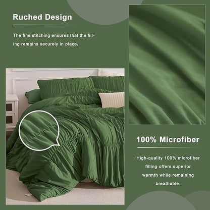 Masaca Oversized King Comforter 128"x120",Olive Green Ruched Shabby Boho Chic Bedding Comforter Set,3 Pieces Soft Lightweight Dark Green Ruffle Farmhouse Bedding Set Extra Large