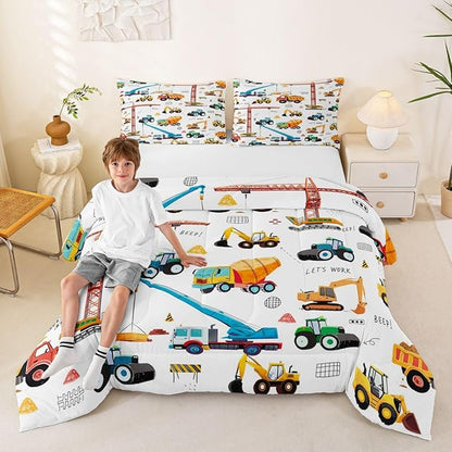 Erosebridal Cartoon Car Kids Comforter Set Truck Bedding Set Decor Construction Excavator Tractor Quilted Duvet Heavy Machinery Digger Mixer Down Comforter for Children Boys Teens 3Pcs Queen