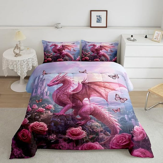 Manfei Western Dragon Kids Twin Comforter Sets,Pink Flowers Butterfly Reversible Bedding Set for KidsChildren,Princess Castle Animal 2 Pieces Quilt Sets,3D Wildlife Duvet Insert,1 Pillow Case
