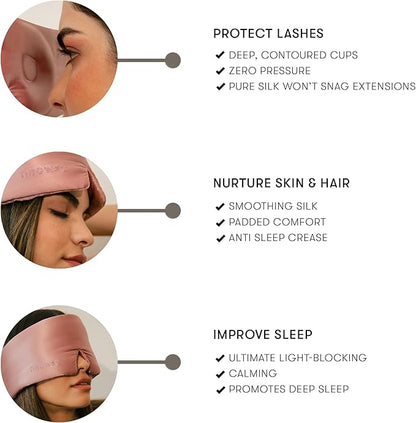 DROWSY Eyelash Protecting Silk Sleep Mask for Natural Lashes & Extensions. Deep Eye Cups, Zero Pressure, Total Blackout, Full Wraparound (Damask Rose)