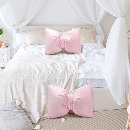 Pink 2 Pcs Bow Pillow 12 x 18 Inch Coquette Throw Pillows Large Bow Shaped Velvet Cushion Coquette Decorative for Girls Room Bed Sofa Couch Car Decorations
