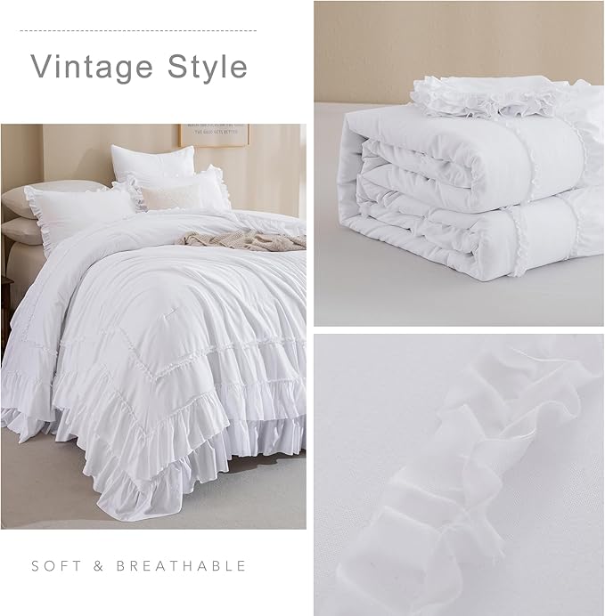 QSH 3PCs Bright White Ruffled Oversized King Comforter 120x120,Shabby Boho Chic Farmhouse Ruffle Bed Comforter Set California King Comforter Ultra Soft Microfiber Lightweight Fluffy Bedding