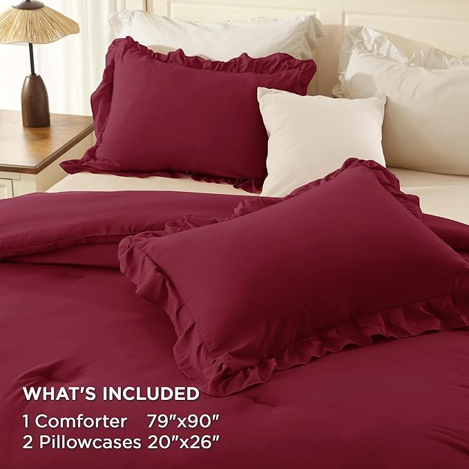 Andency Burgundy Ruffle Comforter Full Set, 3pcs Vintage Farmhouse Shabby Chic Bedding Comforter Set, Soft Lightweight Fluffy Bed Comforter Sets All Season Bedding Set